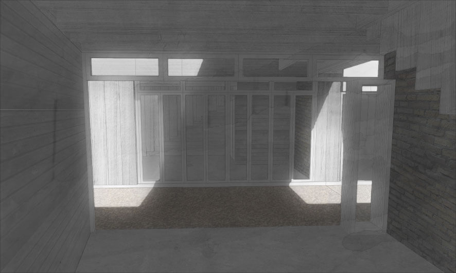 Render looking out of the study into the kitchen